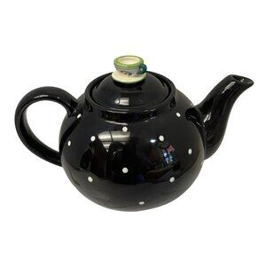 Department 56 Tea Pot Party Black White‎ Polka Dot Teapot  5" x 9" Read